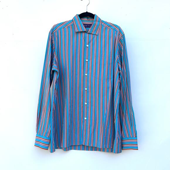 Ralph Lauren Men’s Purple Label Striped Button Down Turquoise Cotton XL Teal - Picture 3 of 11